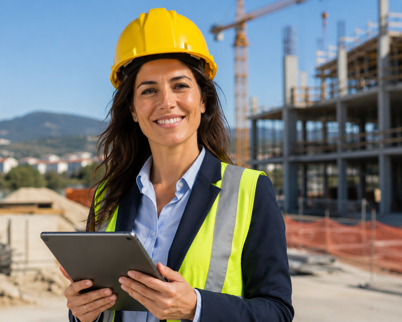 Direttrice tecnica con tablet in cantiere